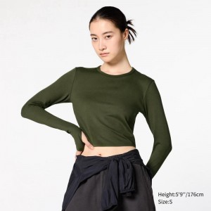 Uniqlo Ultra Stretch AIRism Cropped (Long Sleeve) Women T-Shirts Dark Green US | HGED-74618