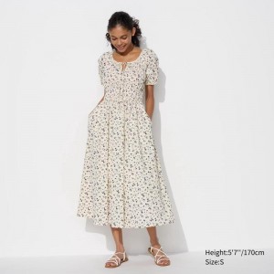 Uniqlo Volume Sleeve (Print) Women Dress Off White US | XVMW-08453