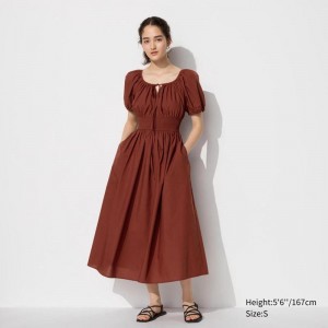 Uniqlo Volume Sleeve Women Dress Brown US | KBIT-41352