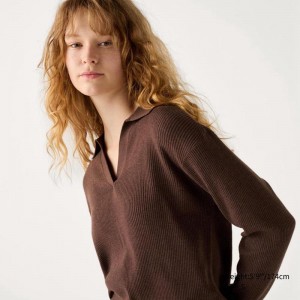 Uniqlo Washable Knit Ribbed Polo Women Jumper Brown US | AOCS-15963