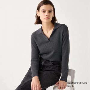 Uniqlo Washable Knit Ribbed Polo Women Jumper Dark Grey US | CDLV-16839