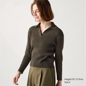 Uniqlo Washable Knit Ribbed Polo Women Jumper Dark Green US | MDNK-21598