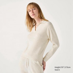 Uniqlo Washable Knit Ribbed Polo Women Jumper Natural US | SPWU-13648