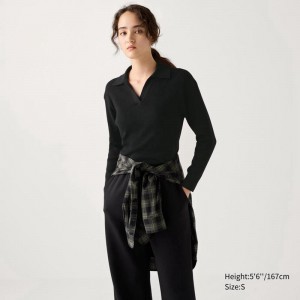 Uniqlo Washable Knit Ribbed Polo Women Jumper Black US | TRXM-86725