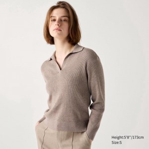 Uniqlo Washable Knit Ribbed Polo Women Jumper Khaki US | BFGS-60175