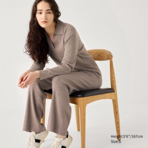 Uniqlo Washable Knit Ribbed Women Trousers Khaki US | WFNP-75832