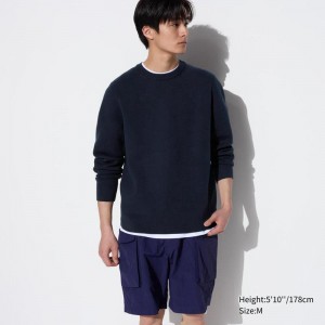 Uniqlo Washable Milano Ribbed Crew Neck Men Jumper Navy US | YFEG-35284