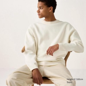 Uniqlo Washable Milano Ribbed Crew Neck Men Jumper Off White US | HPJM-07348