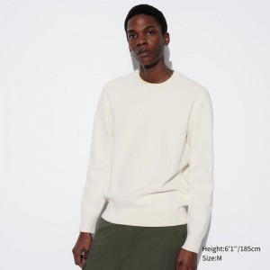 Uniqlo Washable Milano Ribbed Crew Neck Men Jumper Off White US | XMKW-68073