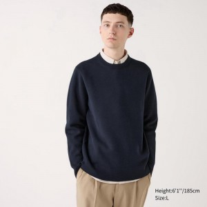 Uniqlo Washable Milano Ribbed Crew Neck Men Jumper Navy US | DYAH-40213