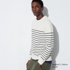 Uniqlo Washable Milano Ribbed Striped Crew Neck Men Jumper Off White US | BVUP-03612