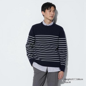 Uniqlo Washable Milano Ribbed Striped Crew Neck Men Jumper Navy US | VMDH-97051