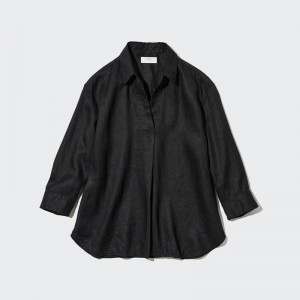 Uniqlo W's premium linen skipper collar 3/4slv Women Shirts Black US | ZDQJ-97528