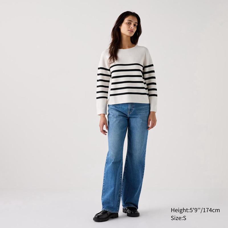 Uniqlo 3D Knit Cotton Crew Neck (Stripe) Women Jumper White  US |  AWFB-69273