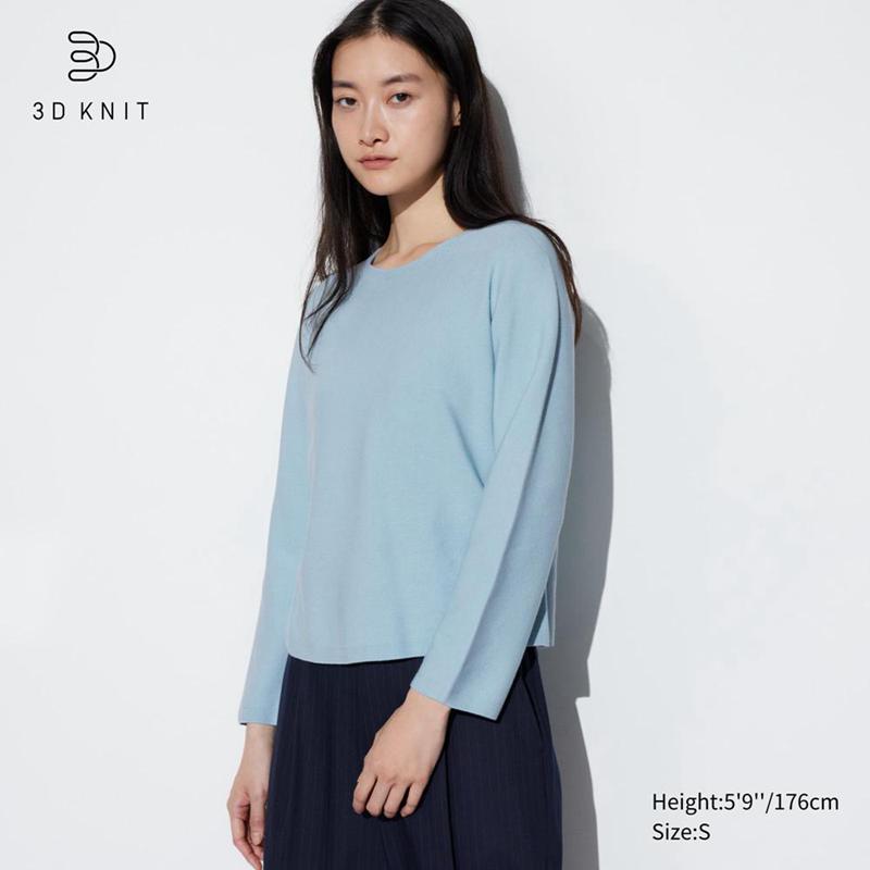 Uniqlo 3D Knit Seamless Cotton Crew Neck Women Jumper Light Blue  US |  DVMU-45326