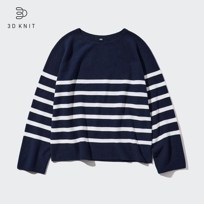 Uniqlo 3D Knit Seamless Cotton Crew Neck (Stripe) Women Jumper Navy  US |  OPZB-75209