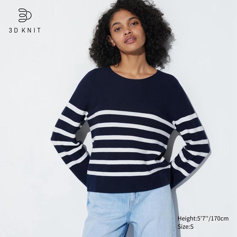 Uniqlo 3D Knit Seamless Cotton Crew Neck (Stripe) Women Jumper Navy  US |  OPZB-75209