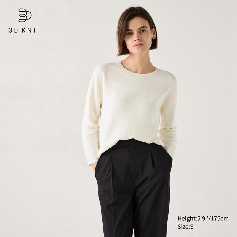 Uniqlo 3D Knit Seamless Cotton Crew Neck Women Jumper Off White  US |  MOPT-21785