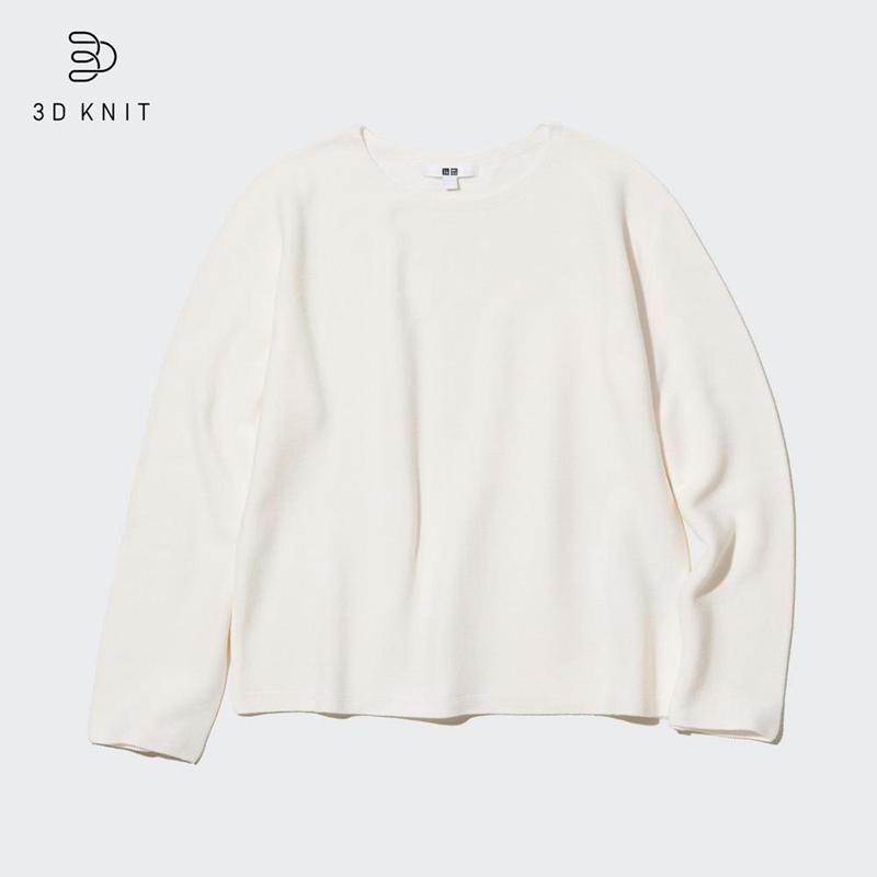 Uniqlo 3D Knit Seamless Cotton Crew Neck Women Jumper Off White  US |  XNEJ-51472