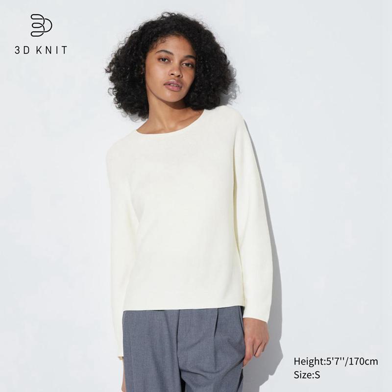 Uniqlo 3D Knit Seamless Cotton Crew Neck Women Jumper Off White  US |  EDJT-87430