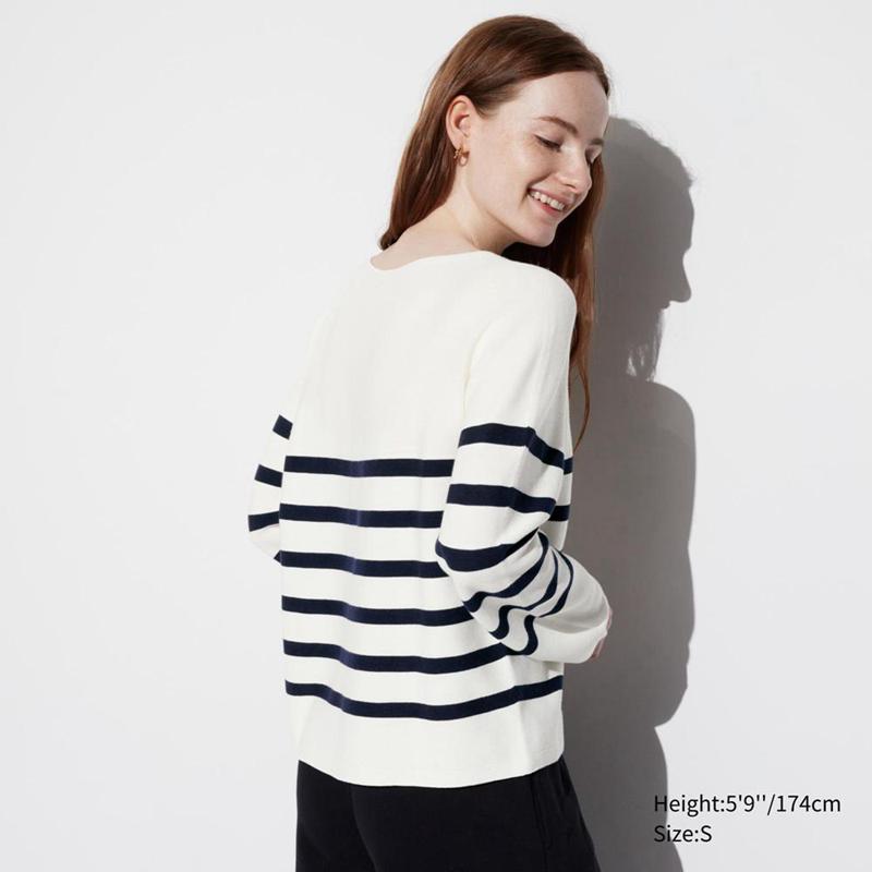 Uniqlo 3D Knit Seamless Cotton Crew Neck (Stripe) Women Jumper Off White  US |  NEMQ-85693