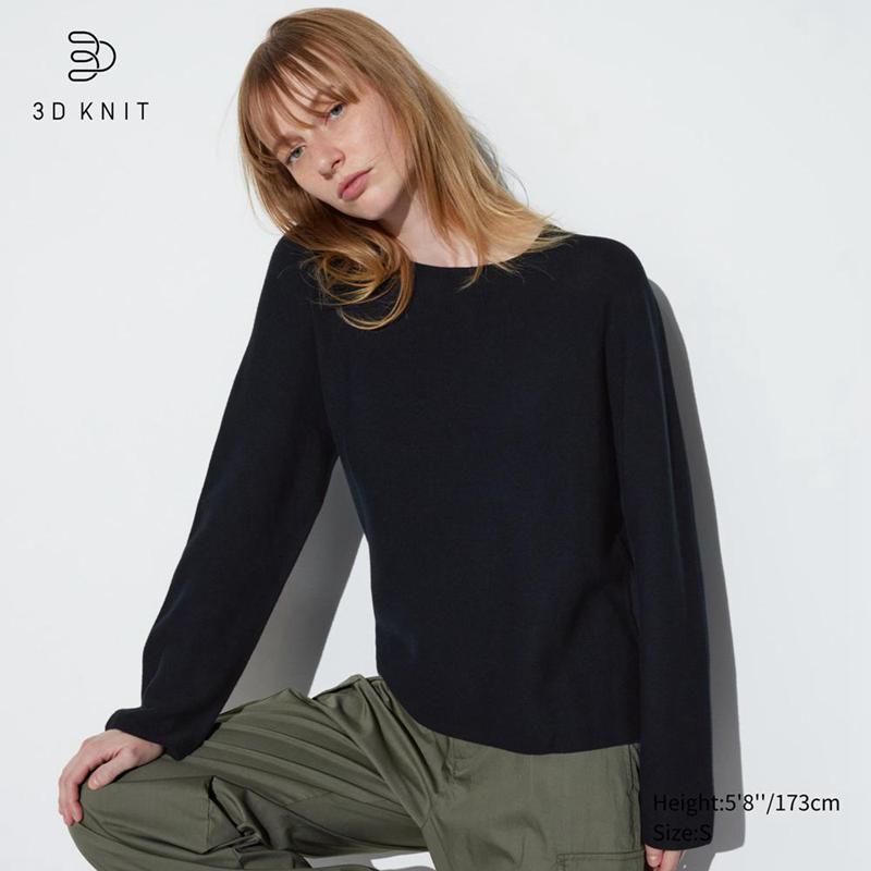 Uniqlo 3D Knit Seamless Cotton Crew Neck Women Jumper Black  US |  OUKC-27184