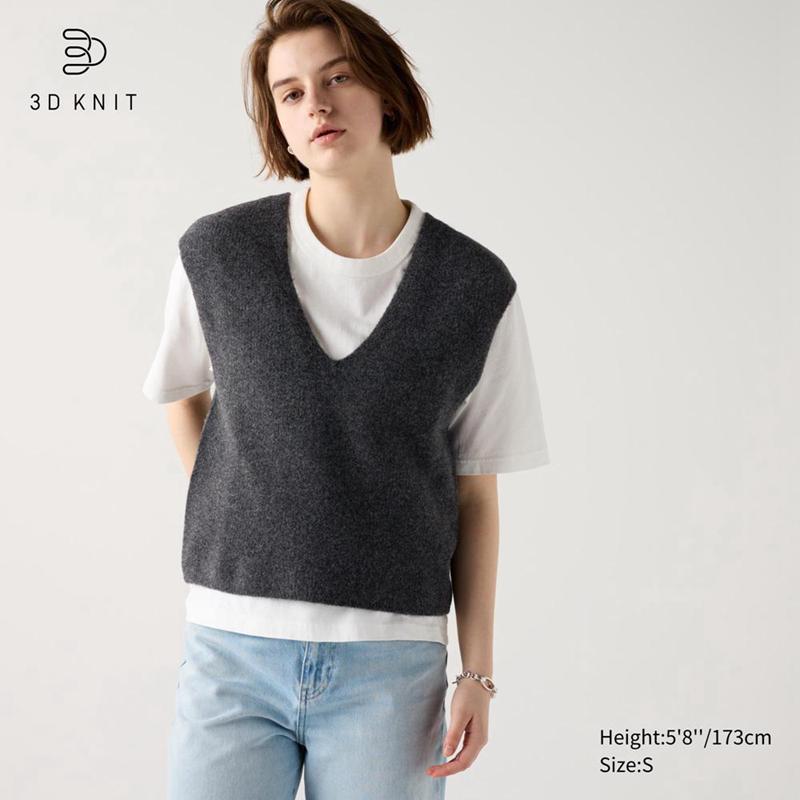 Uniqlo 3D Knit Soufflé Yarn V Neck Women Vest Dark Grey  US |  JIVP-85271