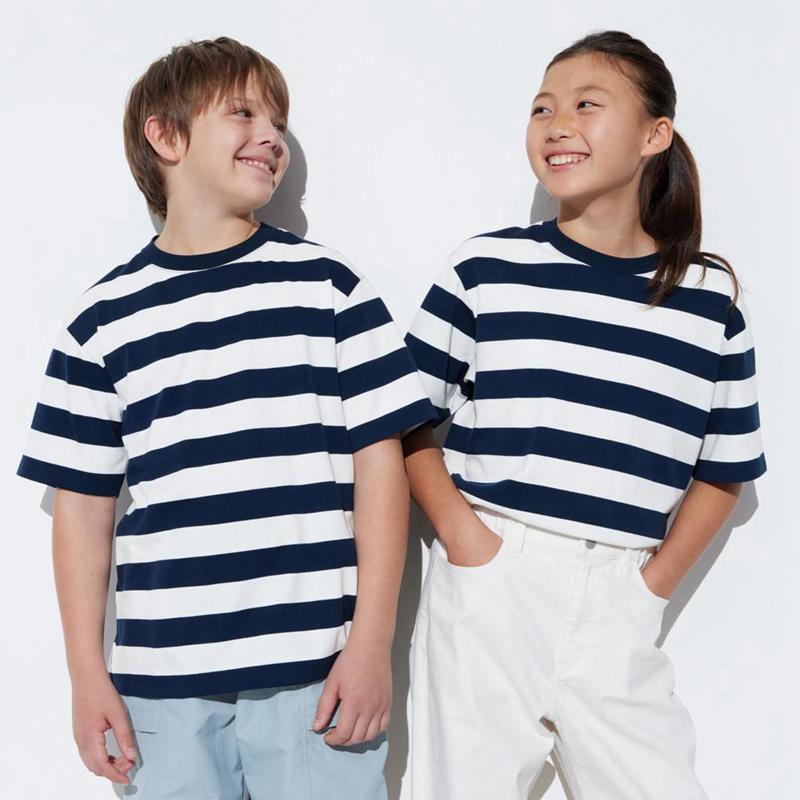 Uniqlo AIRism Cotton Crew Neck (Stripe) Kids\' T-Shirt Navy  US |  PFHC-52610