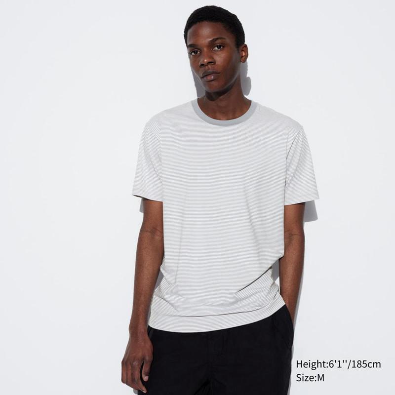 Uniqlo AIRism Cotton Crew Neck (Stripe) Men T-Shirt Grey  US |  HBQM-08457