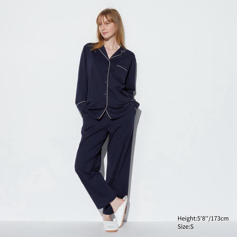 Uniqlo AIRism Cotton (Long Sleeve) Women Pyjamas Navy  US |  KHQI-75649