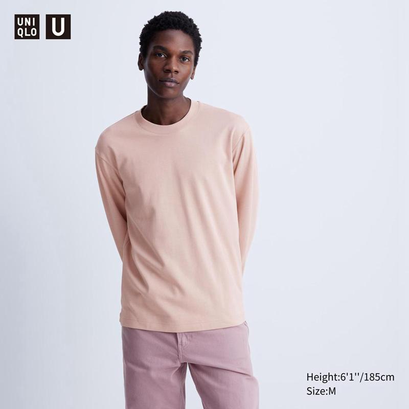 Uniqlo AIRism Cotton Oversized Crew Neck (Long Sleeve) Men T-Shirt Pink  US |  LQET-61835