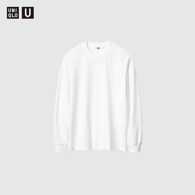 Uniqlo AIRism Cotton Oversized Crew Neck (Long Sleeve) Men T-Shirt White  US |  UQLW-64025