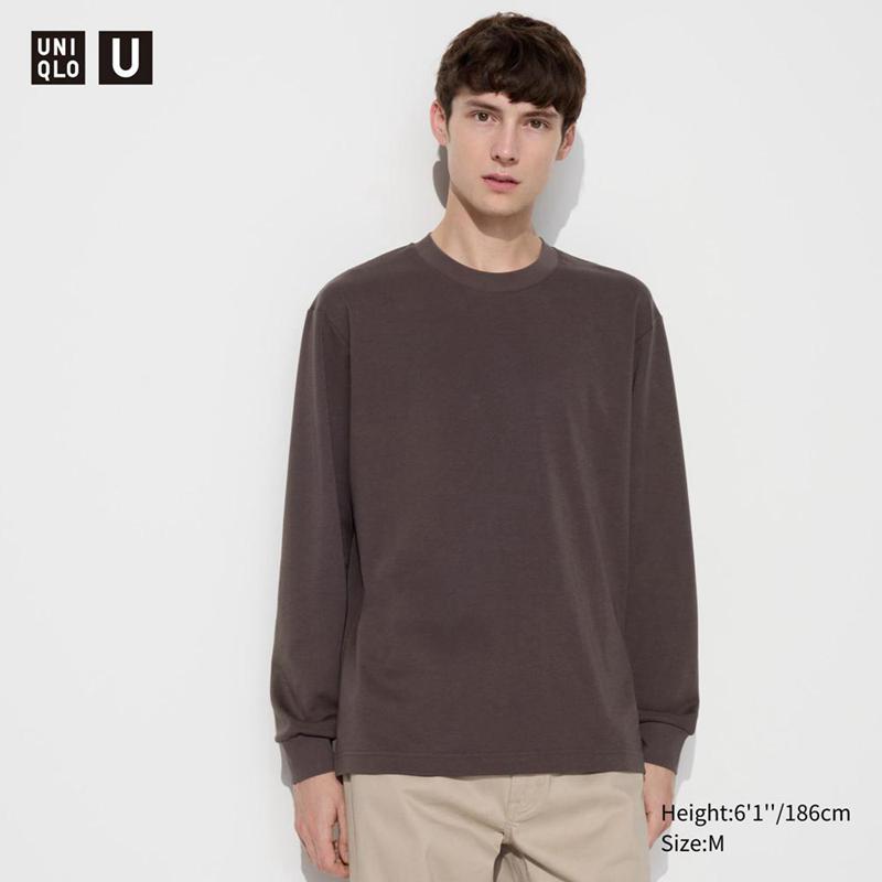 Uniqlo AIRism Cotton Oversized Crew Neck (Long Sleeve) Men T-Shirt Dark Brown  US |  XZWR-25493