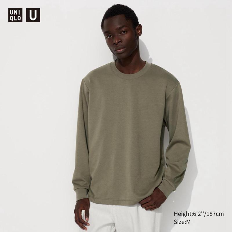 Uniqlo AIRism Cotton Oversized Crew Neck (Long Sleeve) Men T-Shirt Olive  US |  JGKO-69740