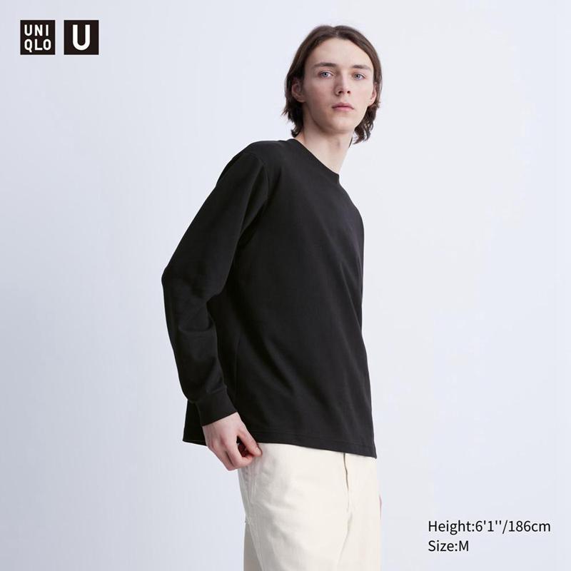 Uniqlo AIRism Cotton Oversized Crew Neck (Long Sleeve) Men T-Shirt Black  US |  NGIQ-73289