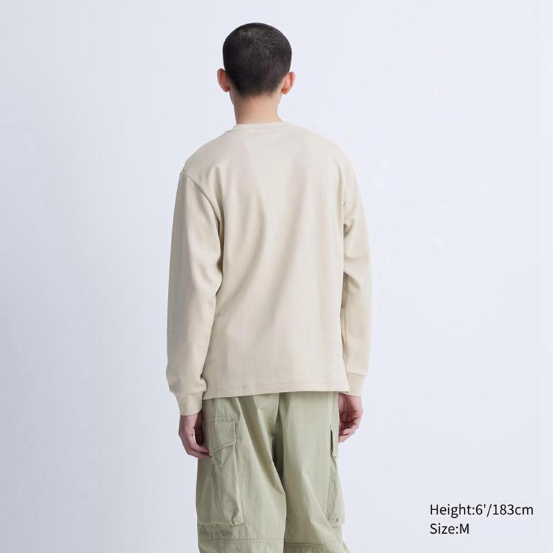 Uniqlo AIRism Cotton Oversized Crew Neck (Long Sleeve) Men T-Shirt Natural  US |  BRKW-78510