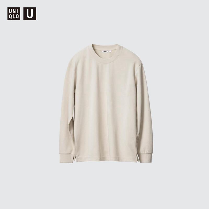 Uniqlo AIRism Cotton Oversized Crew Neck (Long Sleeve) Men T-Shirt Natural  US |  FKIV-96073