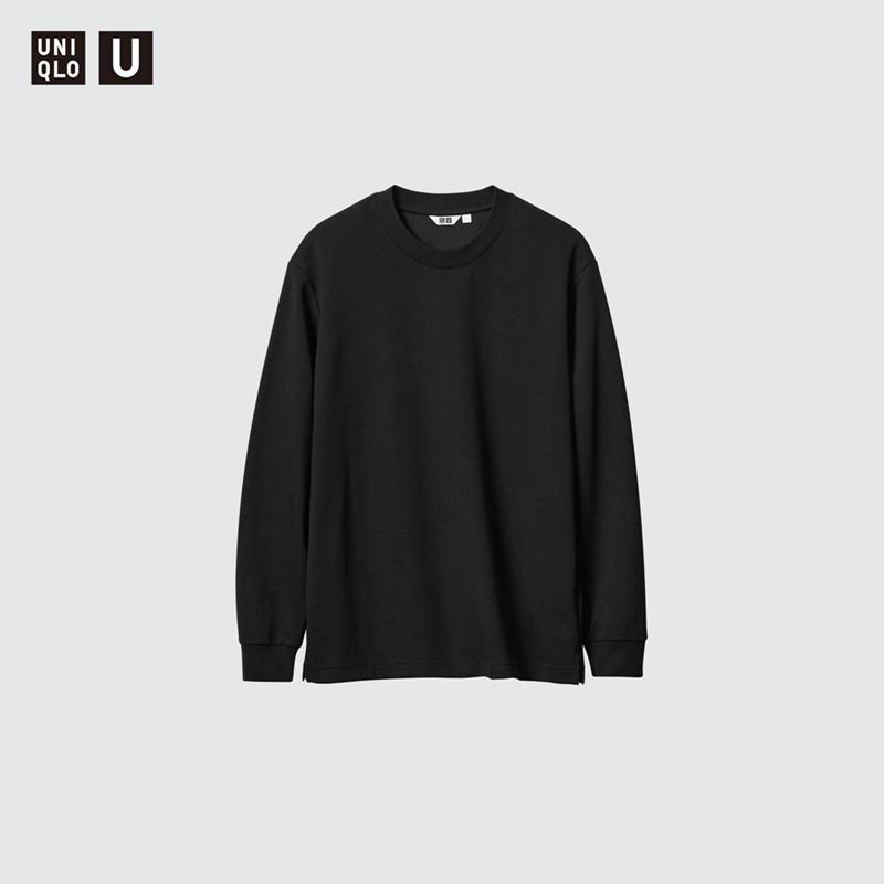 Uniqlo AIRism Cotton Oversized Crew Neck (Long Sleeve) Men T-Shirt Black  US |  YXGM-41950