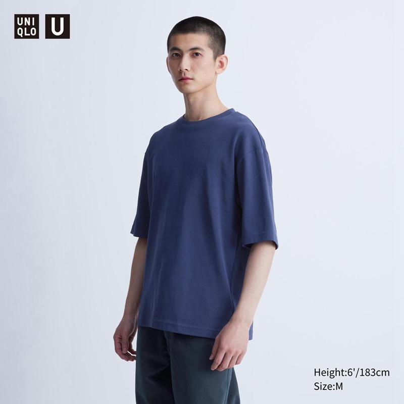 Uniqlo AIRism Cotton Oversized Crew Neck (Half Sleeve) Men T-Shirt Navy  US |  GBUX-94120