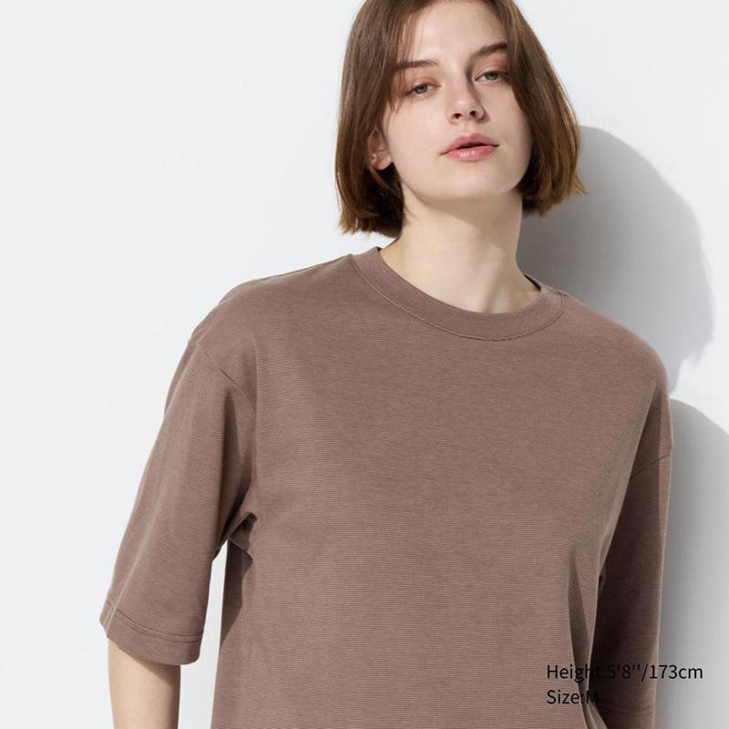 Uniqlo AIRism Cotton Oversized (Half Sleeve, Stripe) Men T-Shirt Brown  US |  OKSB-60398