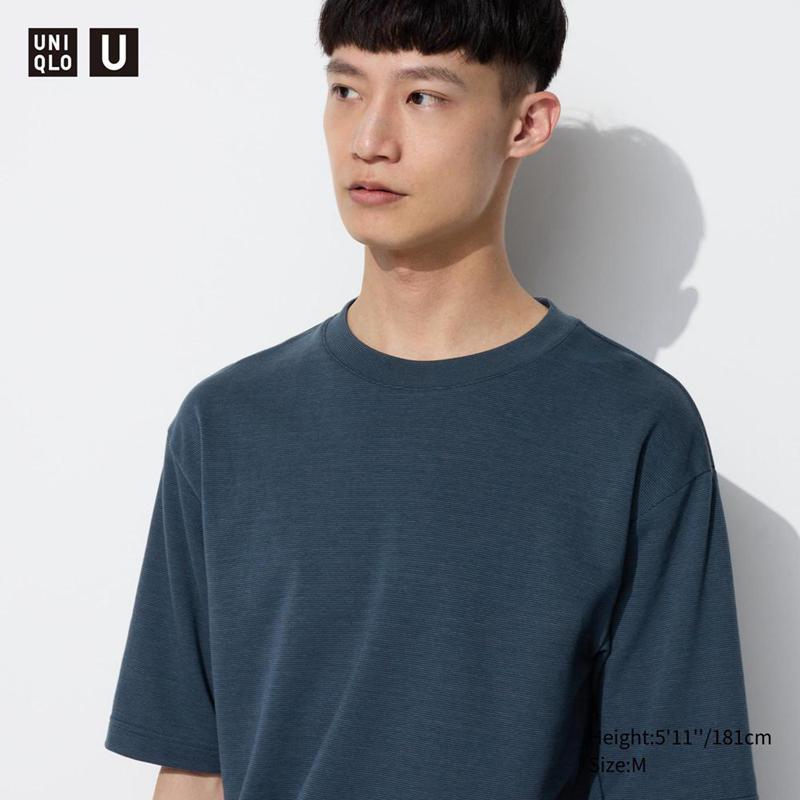 Uniqlo AIRism Cotton Oversized Mock Neck (Stripe, Half Sleeve) Men T-Shirt Blue  US |  VDZK-27645