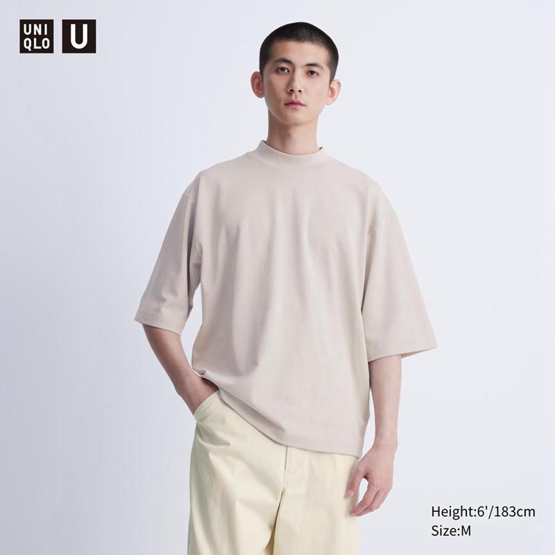 Uniqlo AIRism Cotton Oversized Mock Neck (Half Sleeve) Men T-Shirt Light Grey  US |  TSPD-96043