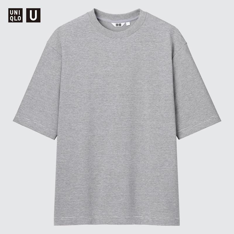 Uniqlo AIRism Cotton Oversized Mock Neck (Stripe, Half Sleeve) Men T-Shirt White  US |  YKPB-78031