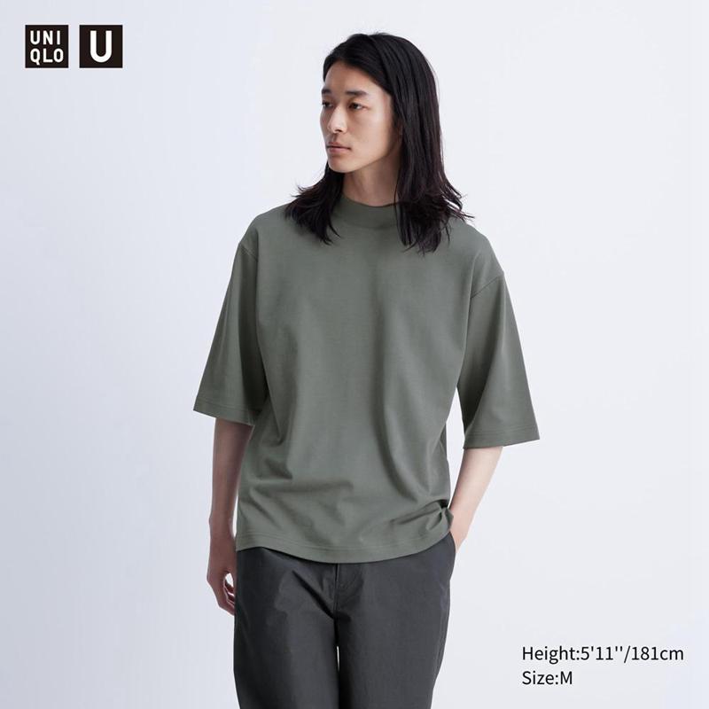 Uniqlo AIRism Cotton Oversized Mock Neck (Half Sleeve) Men T-Shirt Olive  US |  KWXH-87134