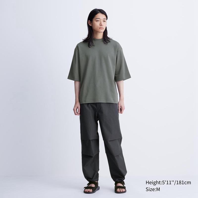 Uniqlo AIRism Cotton Oversized Mock Neck (Half Sleeve) Men T-Shirt Olive  US |  ECDR-26340