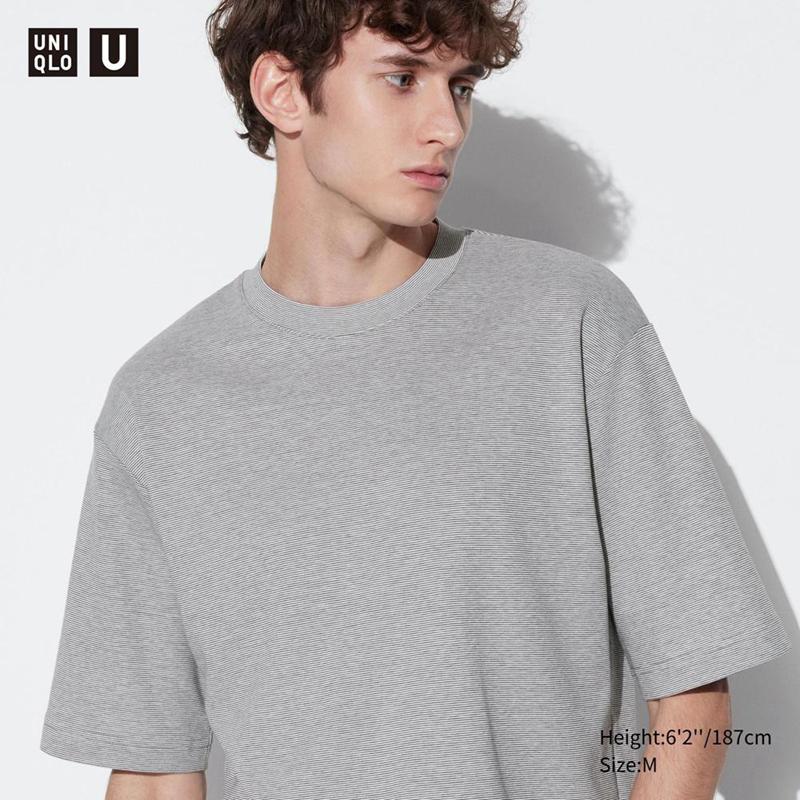 Uniqlo AIRism Cotton Oversized Mock Neck (Stripe, Half Sleeve) Men T-Shirt White  US |  DHFW-97516