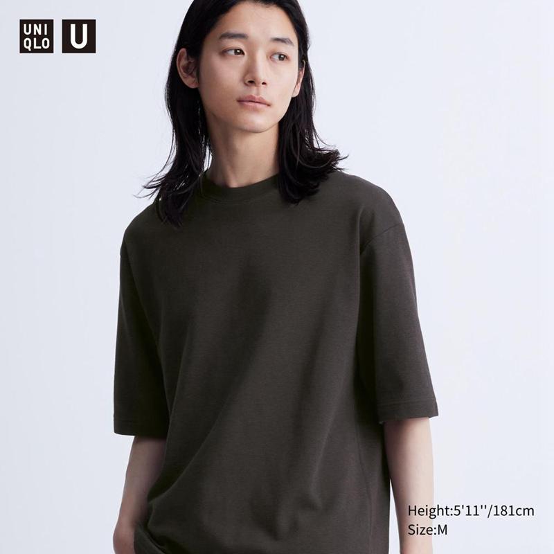 Uniqlo AIRism Cotton Oversized Mock Neck (Stripe, Half Sleeve) Men T-Shirt Black  US |  FNGZ-09864