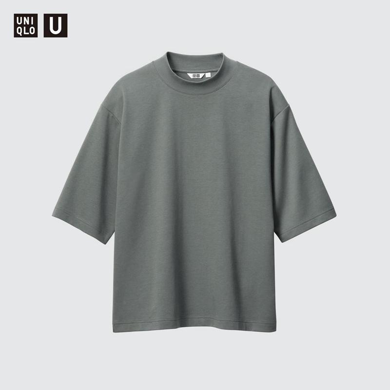 Uniqlo AIRism Cotton Oversized Mock Neck (Half Sleeve) Men T-Shirt Navy  US |  PCSI-47360