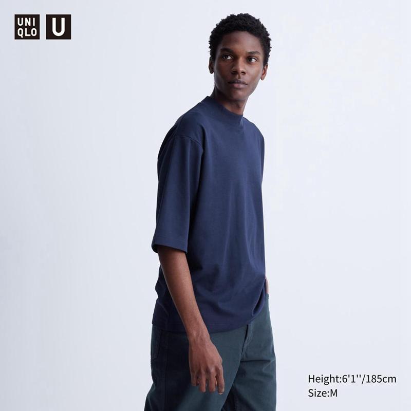 Uniqlo AIRism Cotton Oversized Mock Neck (Half Sleeve) Men T-Shirt Navy  US |  UJRH-18265