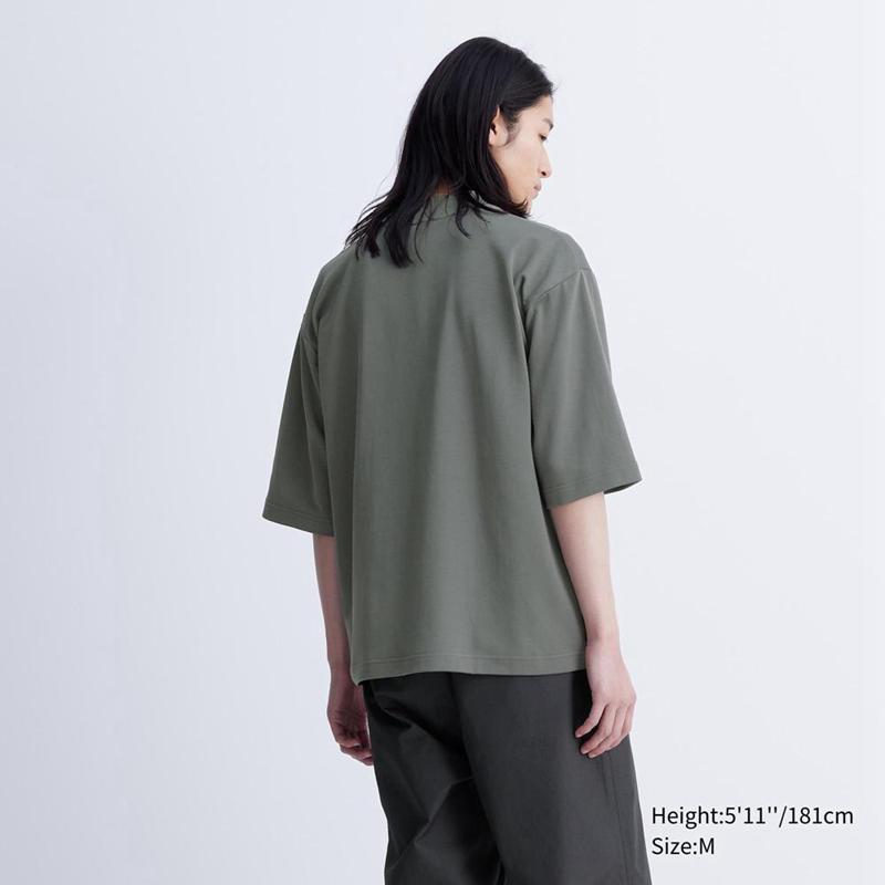 Uniqlo AIRism Cotton Oversized Mock Neck (Half Sleeve) Men T-Shirt Olive  US |  EQLP-07962